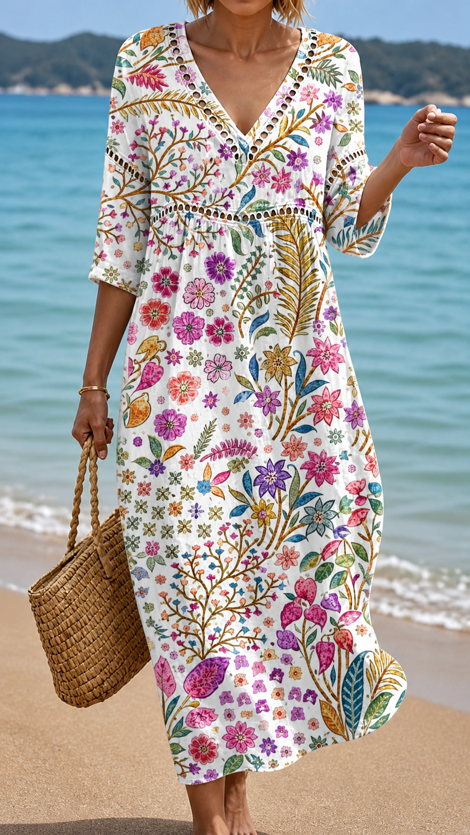 Elegant women's floral midi dress in a soft, flowing fabric for summer comfort & versatile style.