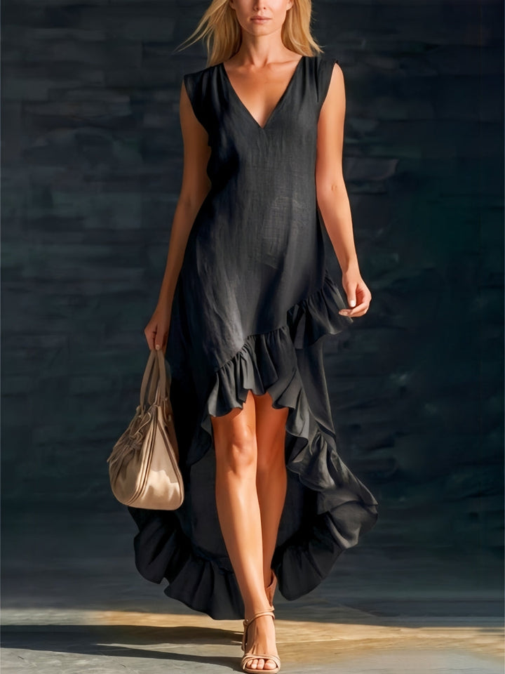 Feminine women's boho dress with a V-neck, ruffles, and a stylish high-low hem, great for summer vacation.