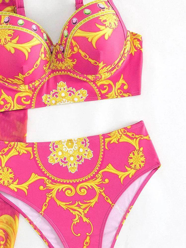 Bohemian High-Waist Bikini Set with Cover-Up