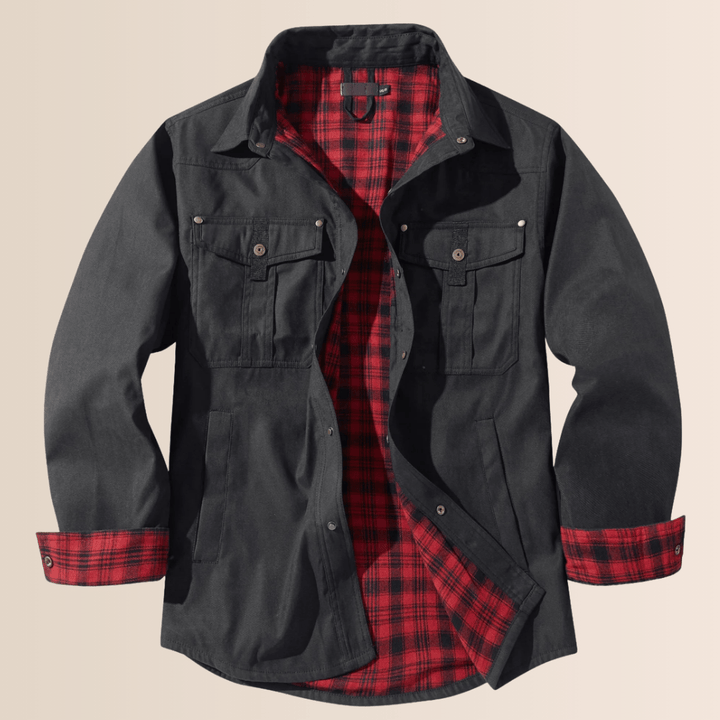Versatile men's full zip plaid shirt jacket. Rugged vintage western style, perfect all-season layering outerwear.