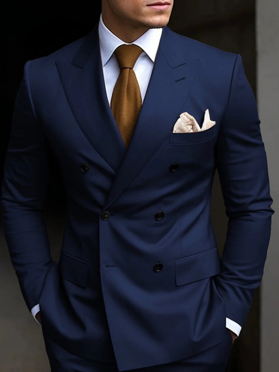Front view of a men's double-breasted tailored suit, ready for a formal event.