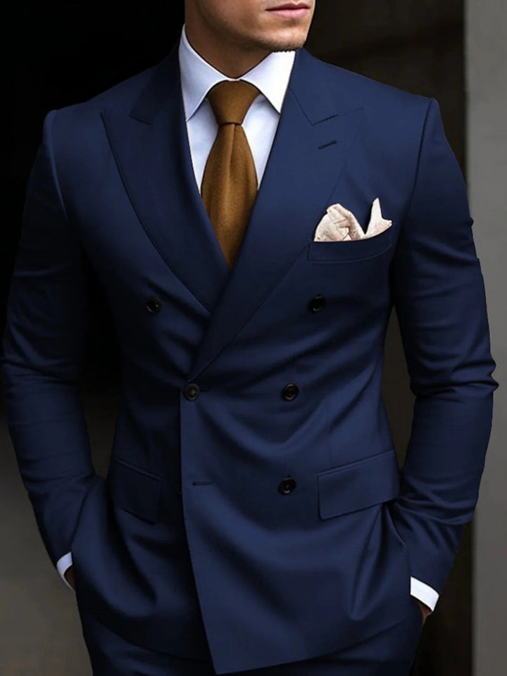Front view of a men's double-breasted tailored suit, ready for a formal event.