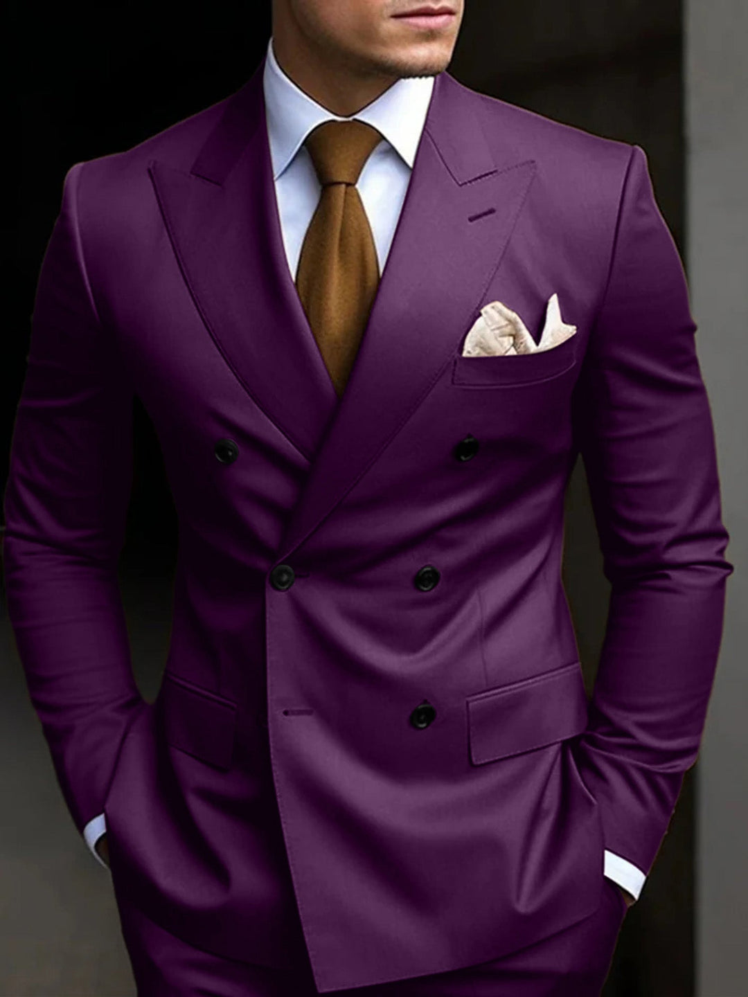 Professional men's tailored double-breasted suit, a staple for business fashion.