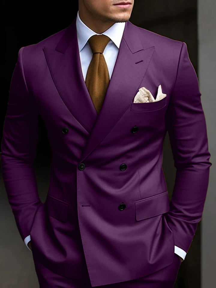 Professional men's tailored double-breasted suit, a staple for business fashion.