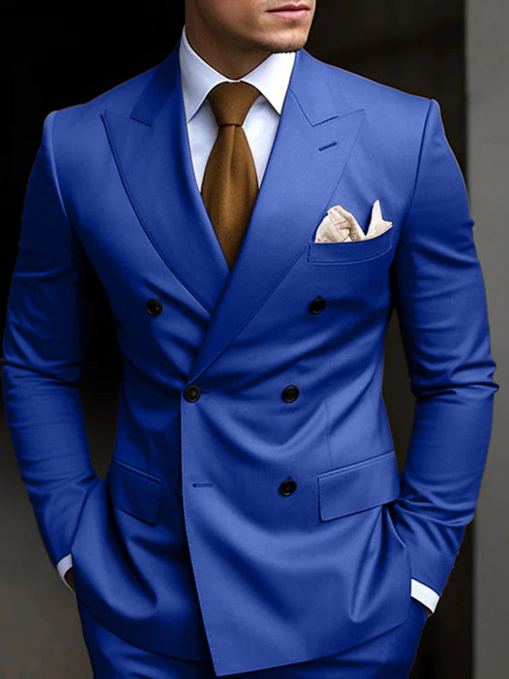 Details of a men's sophisticated double-breasted suit, including fabric and buttons.
