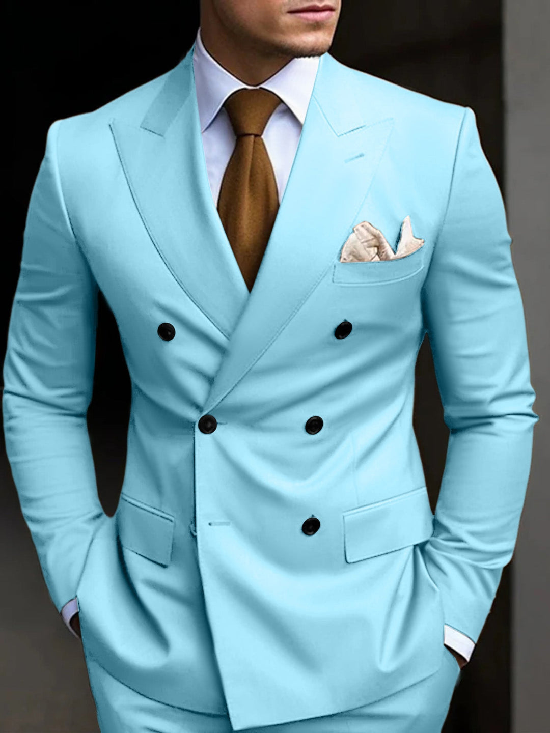 Modern classic men's double-breasted tailored suit, perfect for formal evening events.