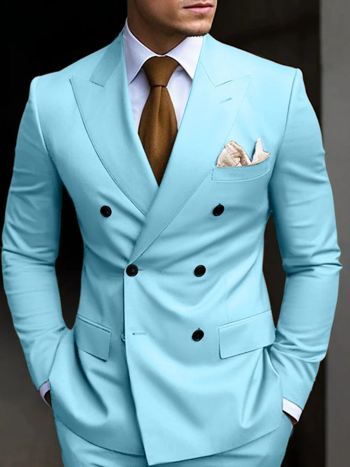 Modern classic men's double-breasted tailored suit, perfect for formal evening events.