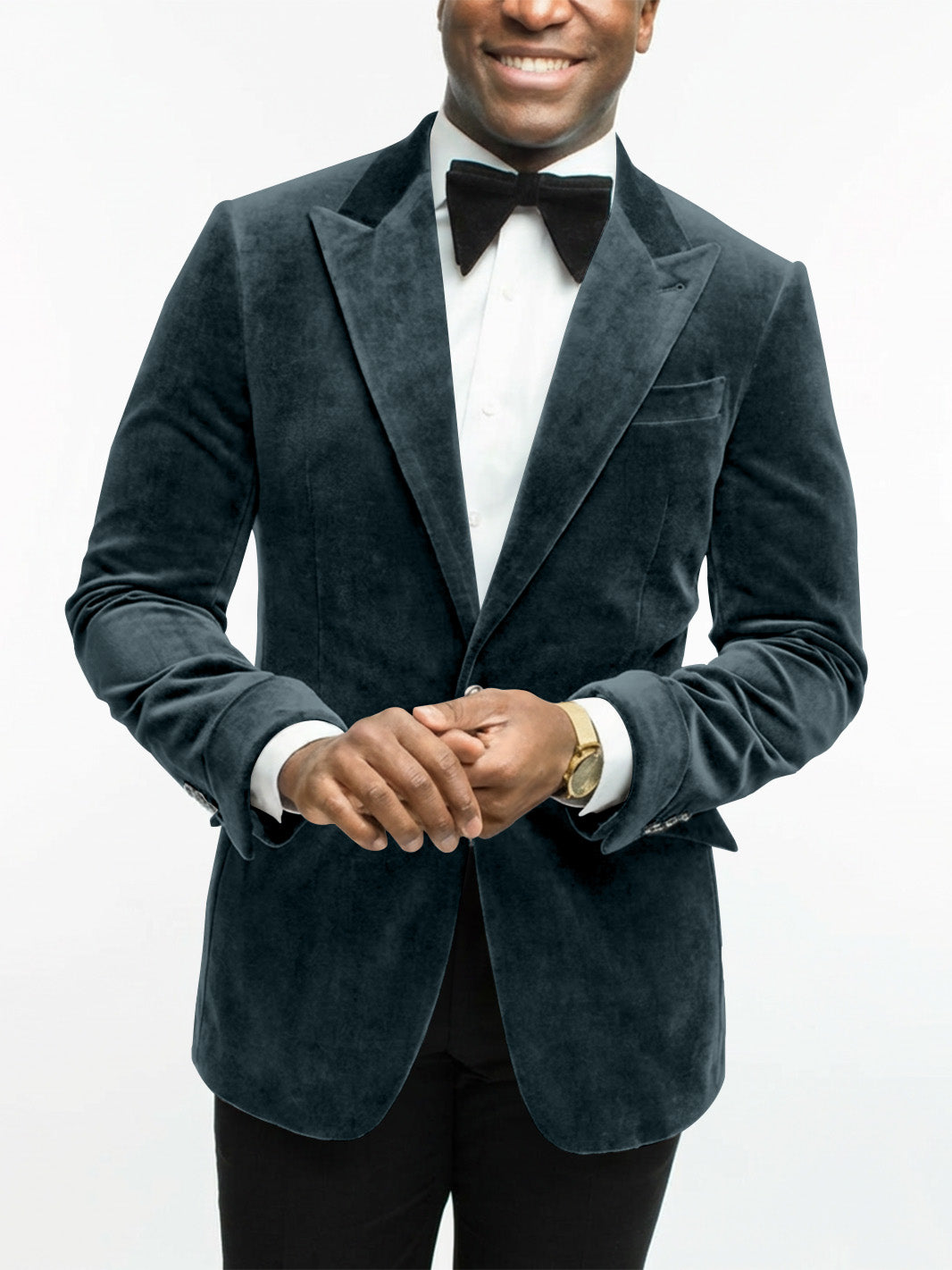 Men's tailored fit evening jacket, worn with bow tie, completing a sophisticated gala look.