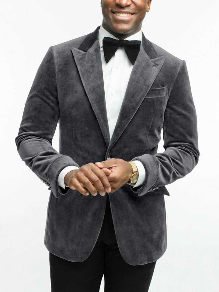 Formal men's tailored jacket, laid flat, ready for party, dinner, or other evening wear.