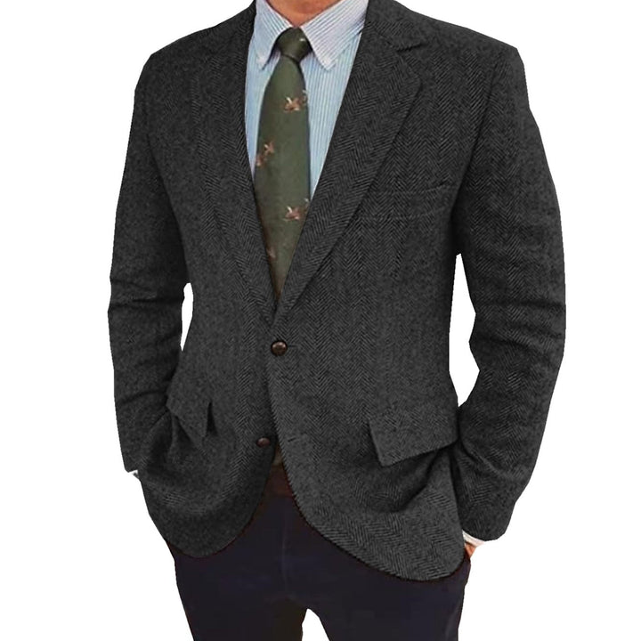 Sharp black tailored retro jacket for men. Features two buttons, perfect for a sophisticated look.