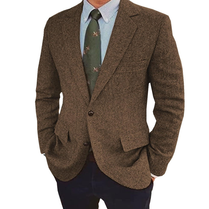 Men's classic retro two-button tailored blazer in navy blue. Ideal for smart casual or formal wear.