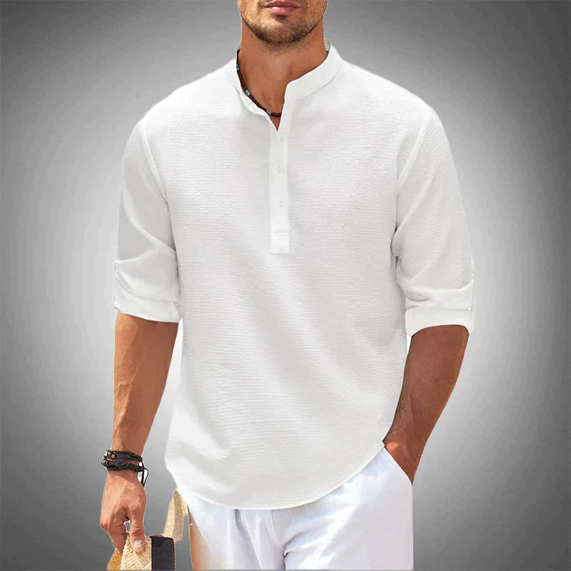 Lightweight men's long-sleeve button-down shirt for comfortable spring and summer style. Tailored fit, casual elegance.