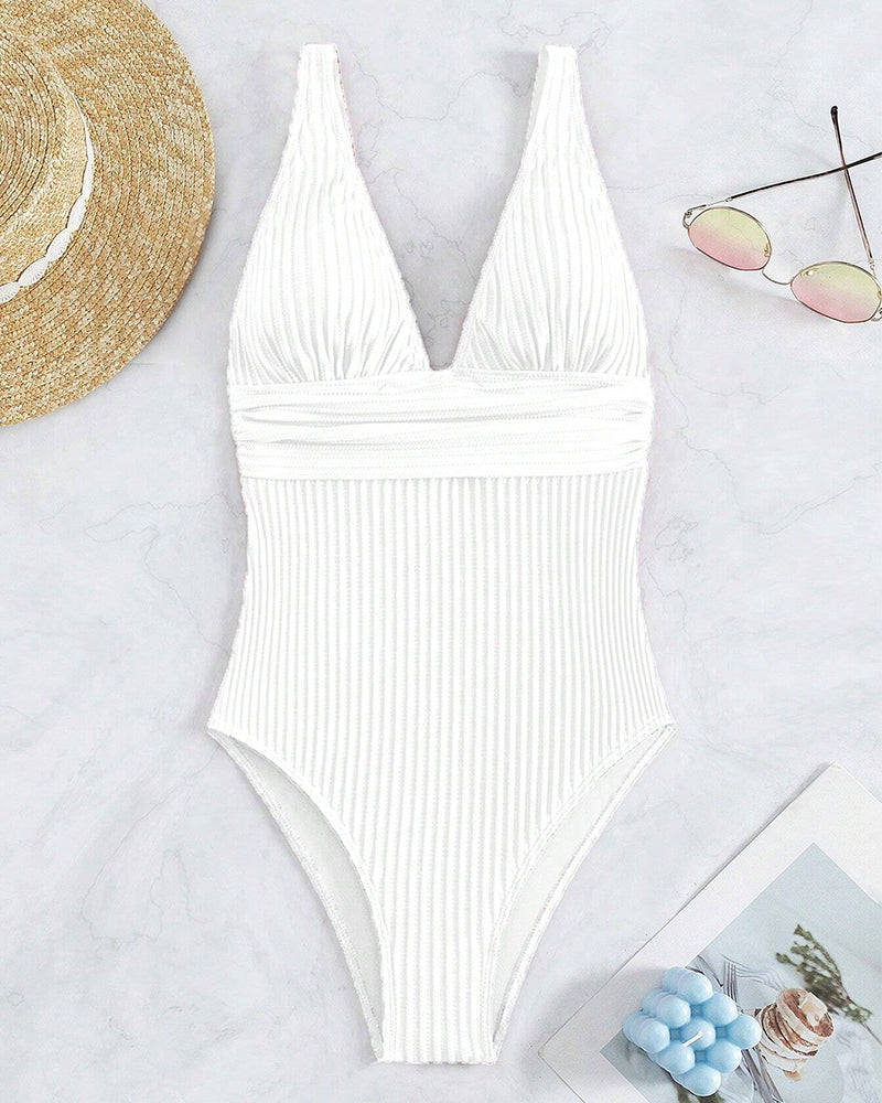 Essential women's ribbed one-piece swimsuit for a stylish holiday look or beach day.