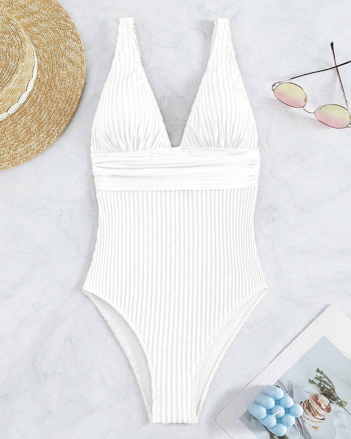 Essential women's ribbed one-piece swimsuit for a stylish holiday look or beach day.