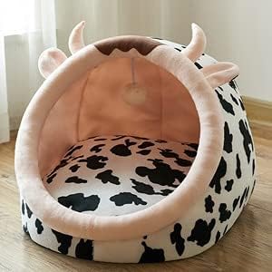Plush cat bed featuring a fun cow design. Ideal for pet comfort, a soft cozy pet house for cats.