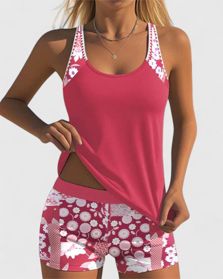 Women's flattering floral print tankini, great for summer vacations and comfortable beach days.