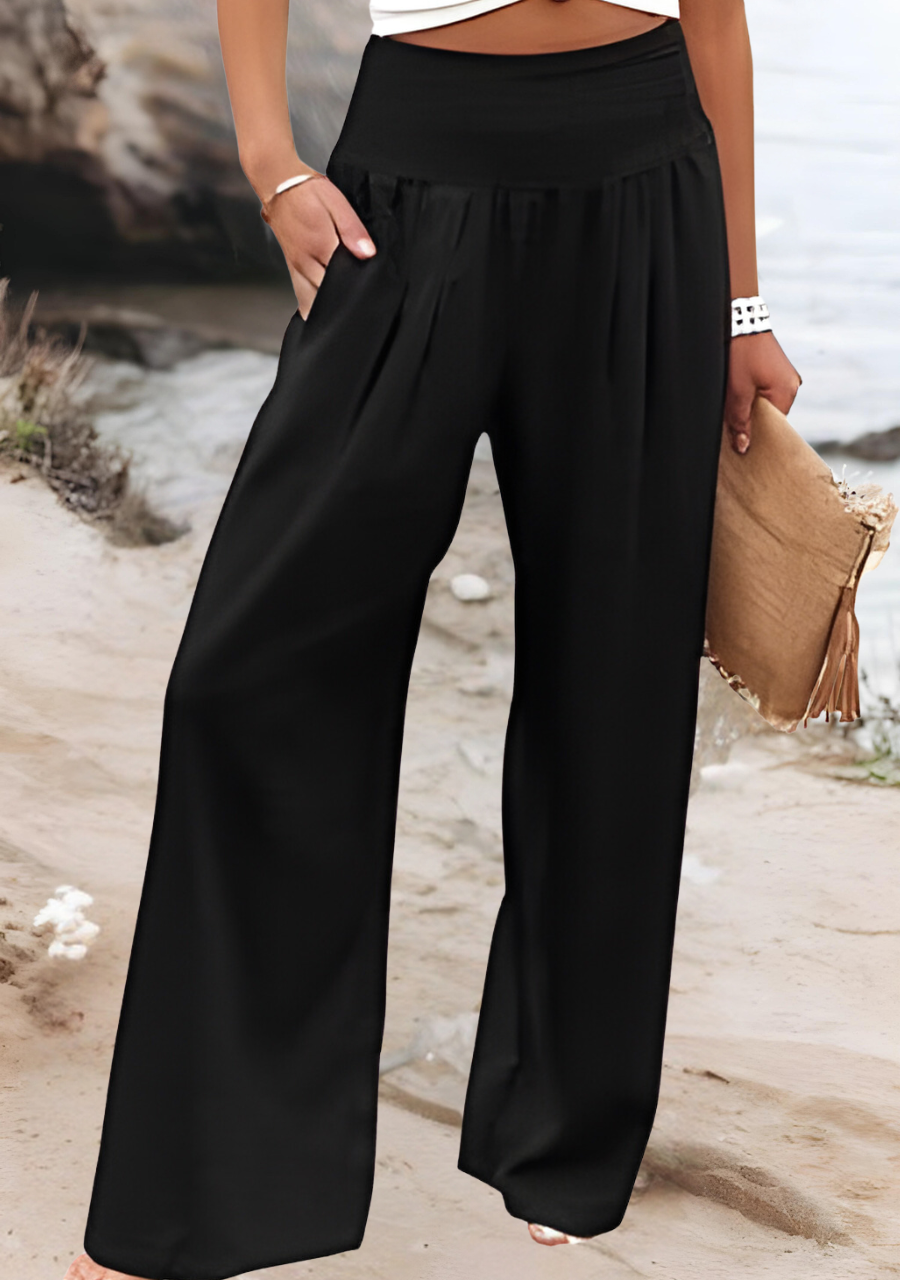Comfortable women's wide leg beach pants, ideal for vacation, resort wear, or a relaxed summer holiday.