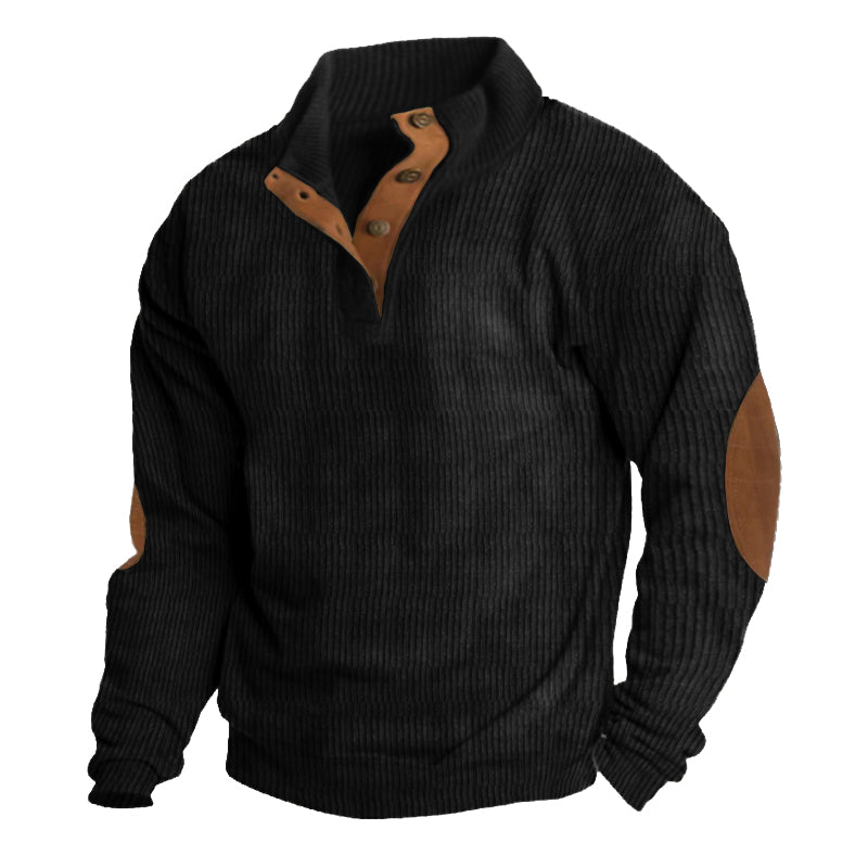Cozy men's knit half-button pullover sweater featuring contrasting elbow patches, perfect for versatile winter fashion.