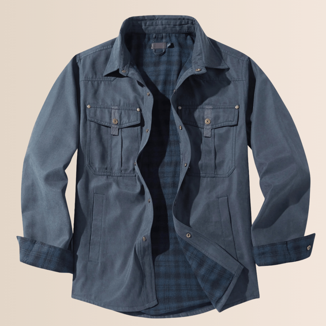 Rugged men's vintage plaid shirt jacket. Western-inspired casual outerwear, ideal layering piece for men's fashion.