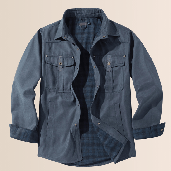 Rugged men's vintage plaid shirt jacket. Western-inspired casual outerwear, ideal layering piece for men's fashion.