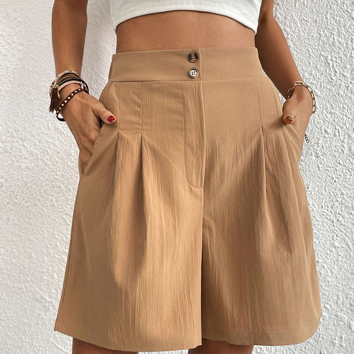 Woman wearing Amarae stylish shorts, showcasing comfort & versatility in a casual summer outfit.