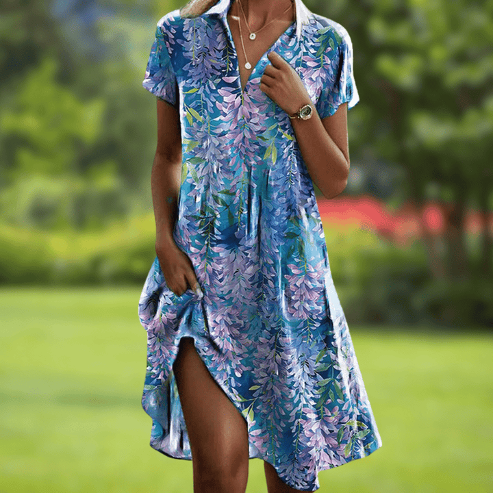 Flowy Galiana V-Neck floral dress for women. Versatile for casual outings or an elegant party look.