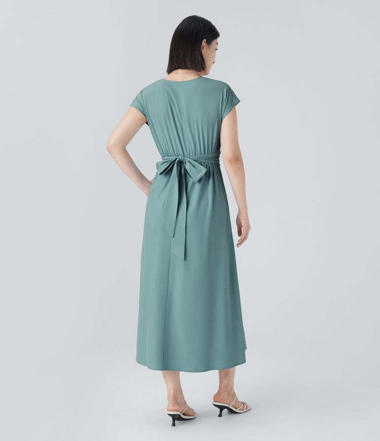 All-season women's elegant V-neck wrap midi dress. Short sleeves, high waist, perfect versatile casual wear. [[lstfy-media:12]]