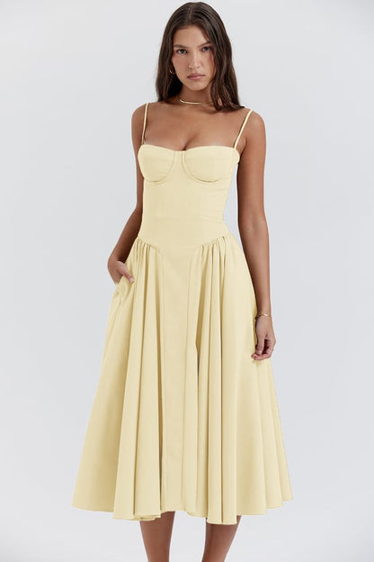 Sophisticated women's midi dress with a flattering corset bodice, sleeveless design. Great for evening events.