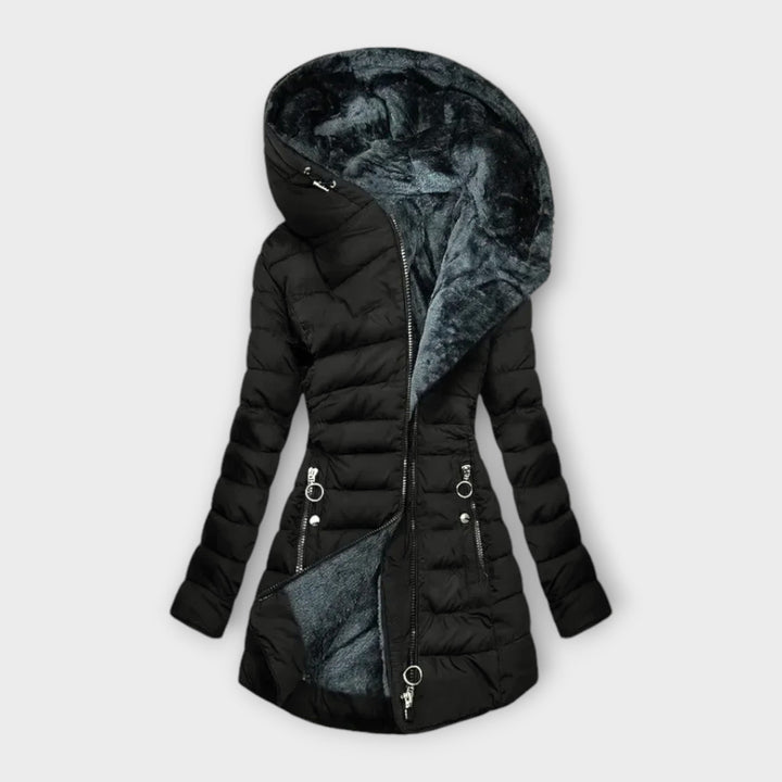 Comfortable women's winter jacket with zipper closure. Warm & cozy outerwear designed for cold weather outdoor activities.