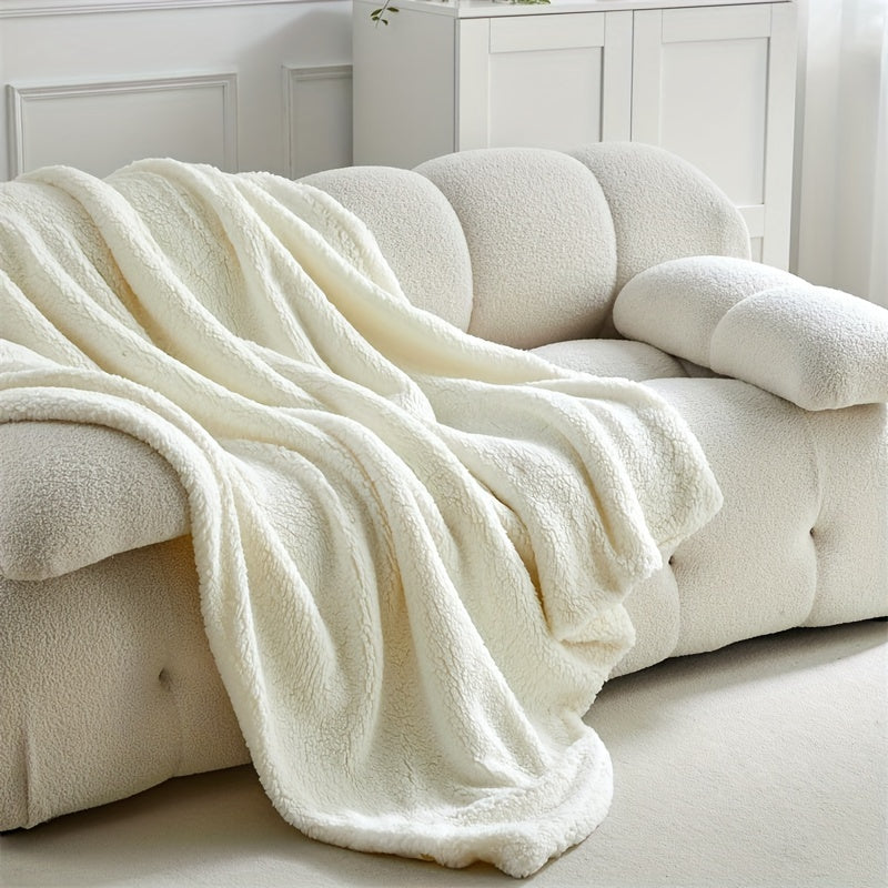 Plush, reversible sherpa fleece throw blanket, super soft and cozy for relaxing moments on sofa or bed.