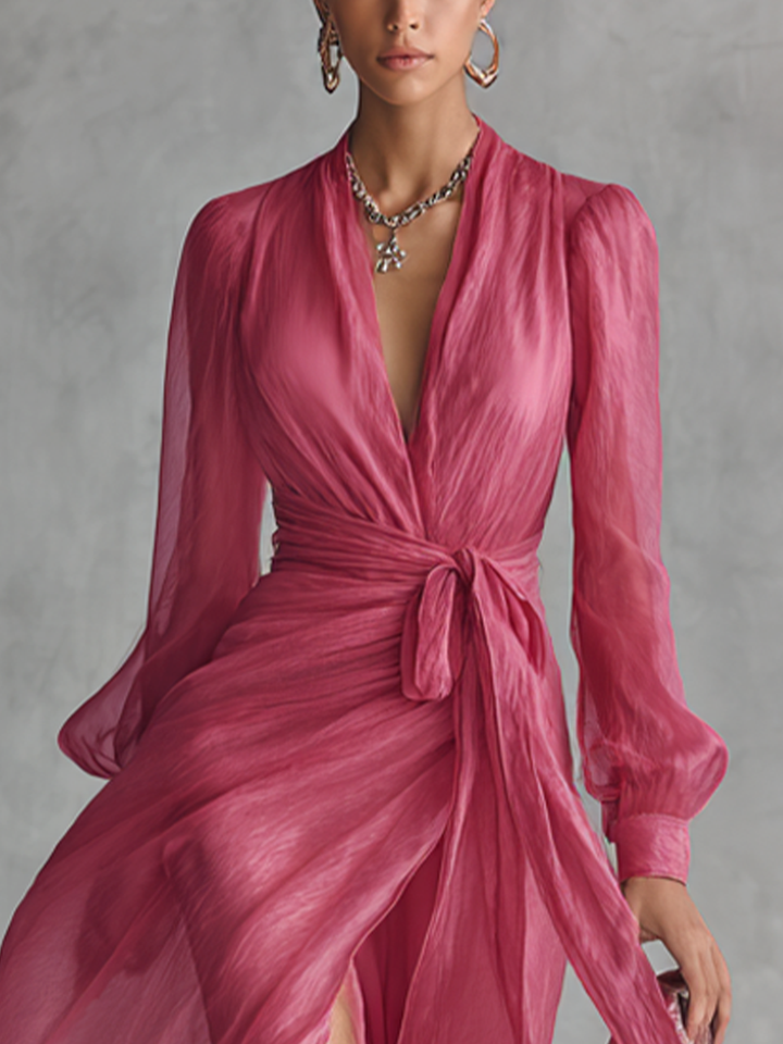 Stylish women's long flowing V-neck dress. Elegant and comfortable, great for special occasion parties.