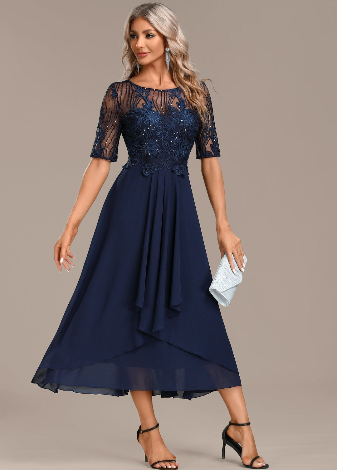 Chic women's lace midi dress, a stunning navy formal gown with short sleeves for any elegant evening party.
