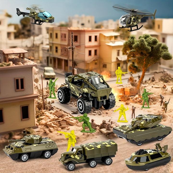 Engaging 14-in-1 military toy set for kids, featuring a light-up truck, tanks, & soldiers. Ideal for adventure play.