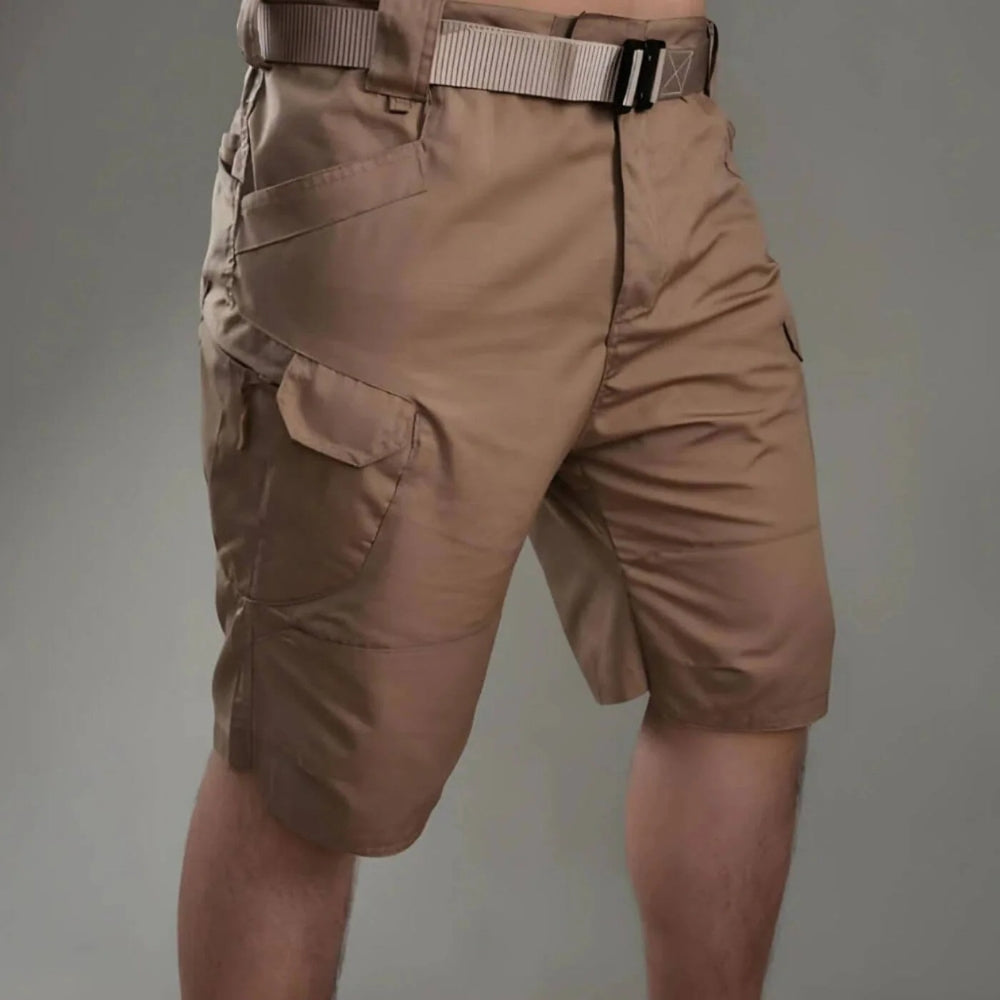 Men's khaki utility cargo shorts with multiple pockets, ideal for adventure & casual summer wear.