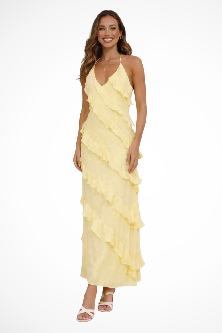 Women's elegant halter neck ruffle maxi dress, perfect for summer beach casual wear. Flowy sleeveless design.
