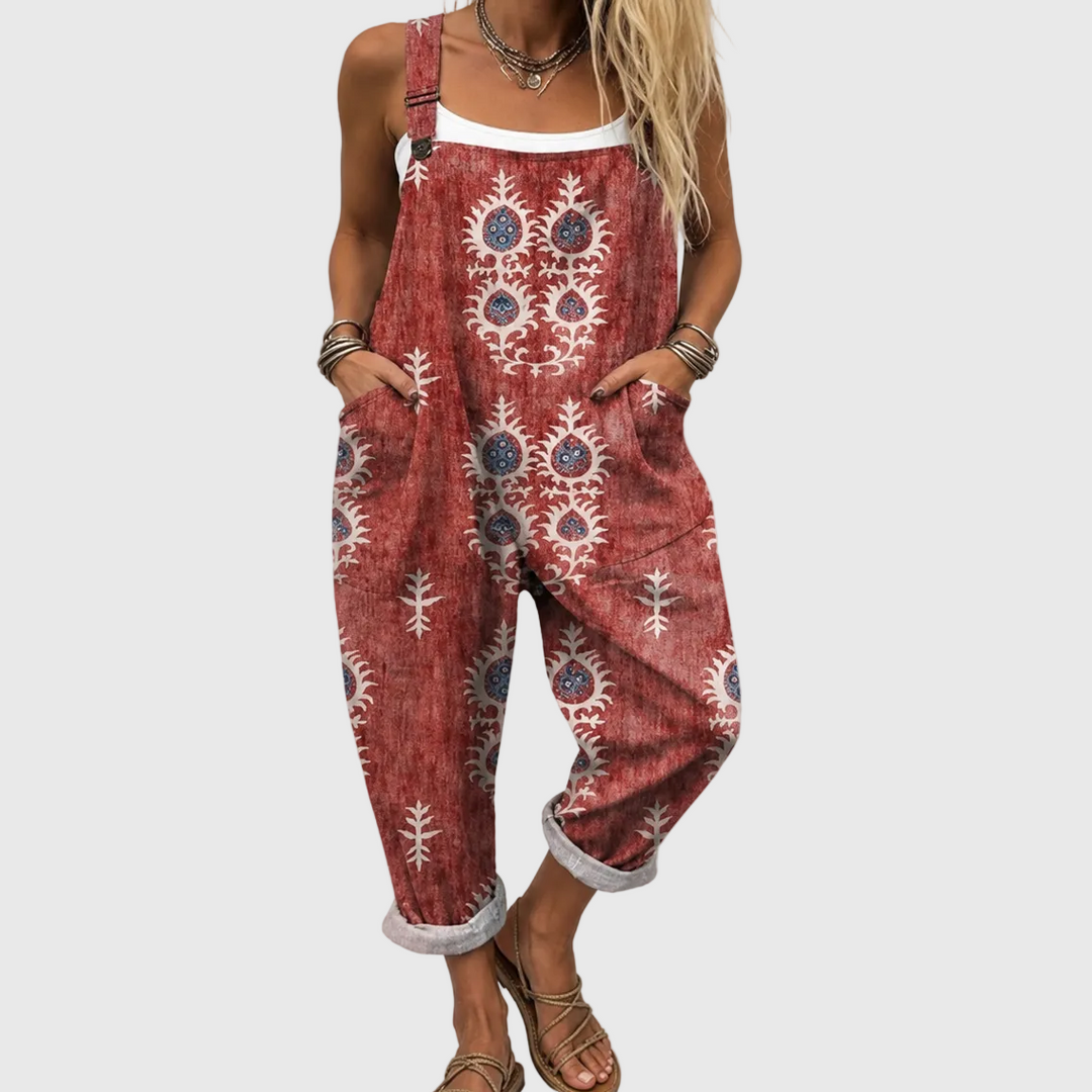 Women's soft terracotta boho elegant jumpsuit with pockets, perfect for casual summer fashion or chic versatility.