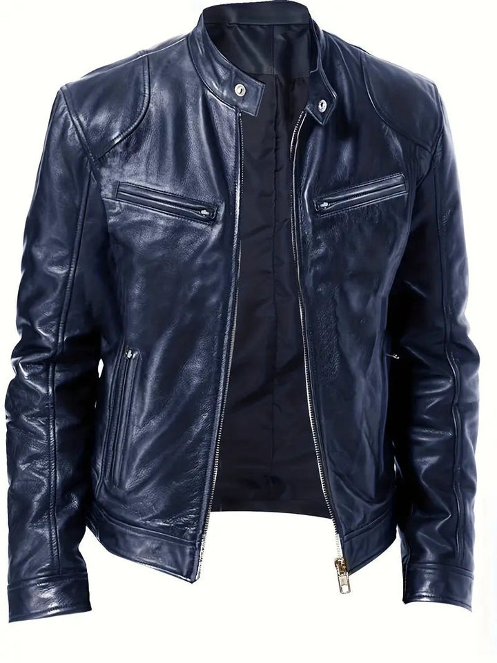 Sleek men's slim fit jacket, modern racer style outerwear for casual and smart looks.