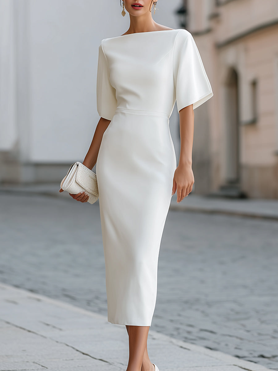 Sophisticated short sleeve midi dress for women, with a feminine boat neck design, versatile for formal or casual chic.
