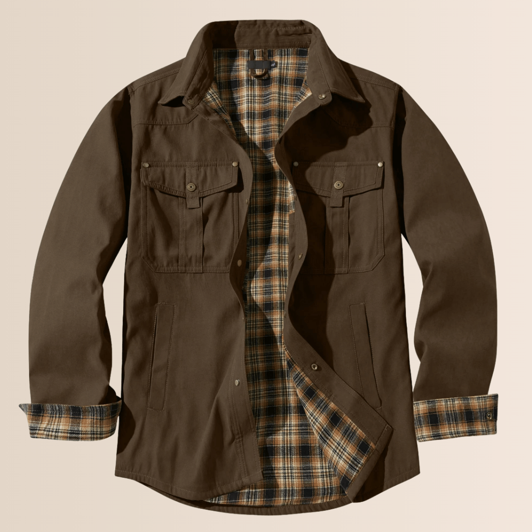 Stylish men's vintage plaid shirt jacket, rugged full zip design. Western-inspired casual outerwear for layering.