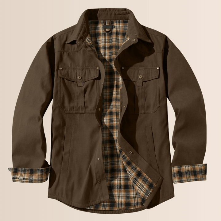 Stylish men's vintage plaid shirt jacket, rugged full zip design. Western-inspired casual outerwear for layering.