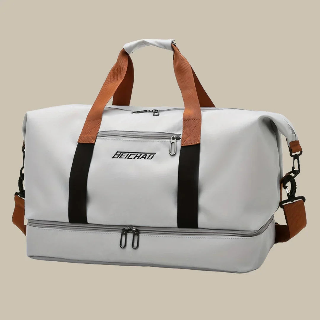 Close-up of the high-quality men's duffel bag, highlighting durable zippers & sturdy carry handles.