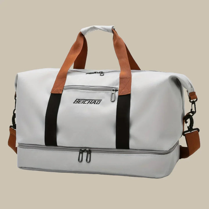 Close-up of the high-quality men's duffel bag, highlighting durable zippers & sturdy carry handles.