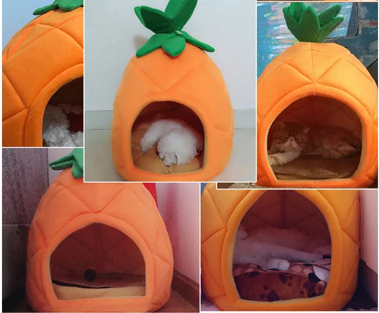Plush pineapple cat bed, a comfortable and cozy pet cave for cats and small dogs.