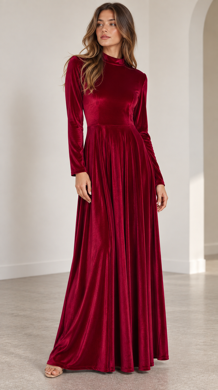 Elegant A-line long-sleeve midi dress, perfect for wedding guests, formal events, or cocktail parties.