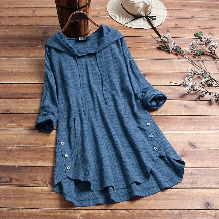 Women's boho chic tunic hoodie in a relaxed fit. Comfortable long sleeve casual wear for fall & spring style.