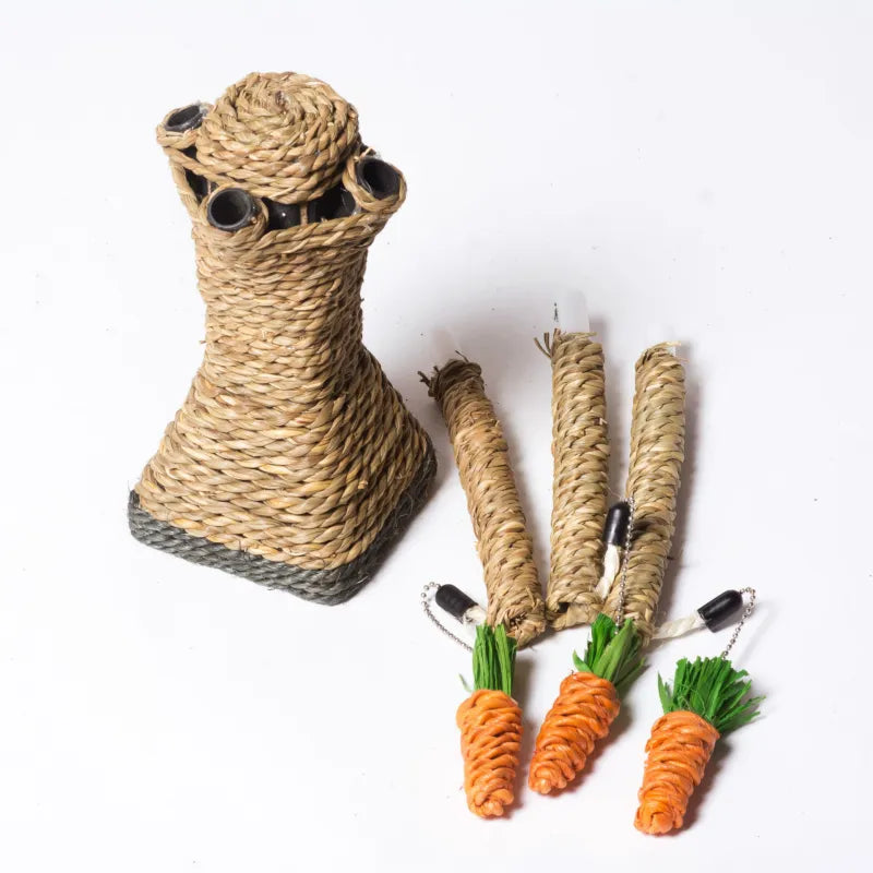 Interactive cat scratching post, sisal-wrapped with adorable carrot toys, for active feline playtime.