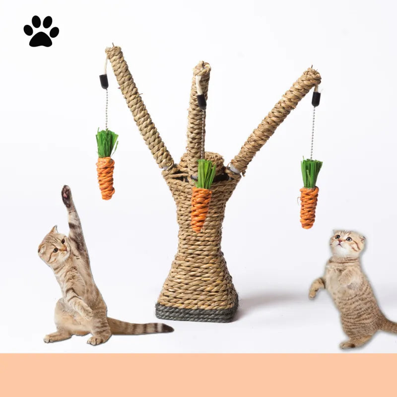 Cat's Tree Design Sisal Scratching Post with cute hanging carrot toys for feline play & healthy scratching.