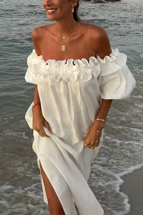 Beautiful women's off-shoulder ruffle maxi dress, a versatile elegant vacation dress with a flattering split.