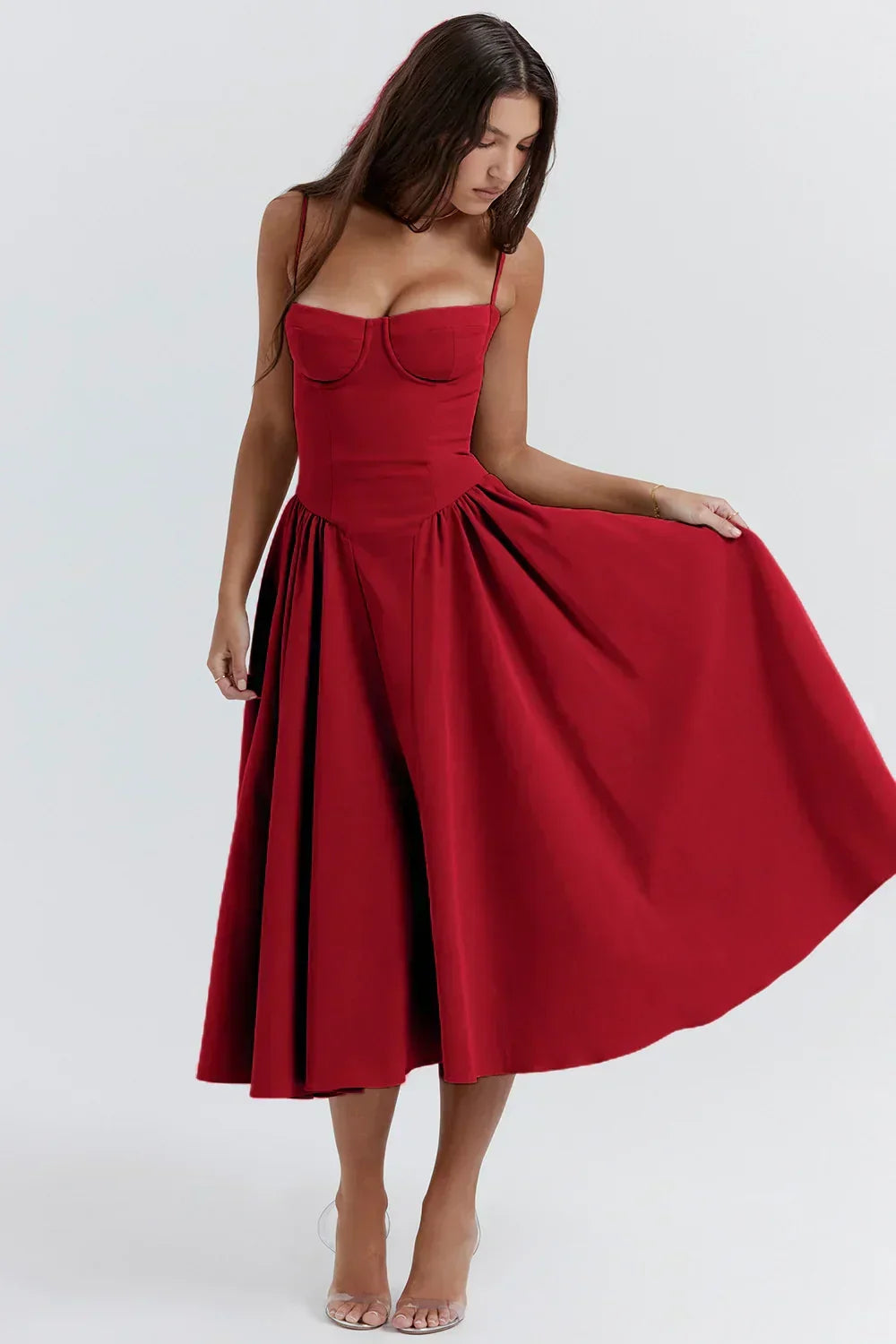 Elegant women's party dress, sleeveless with a sleek corset design and flattering midi length.
