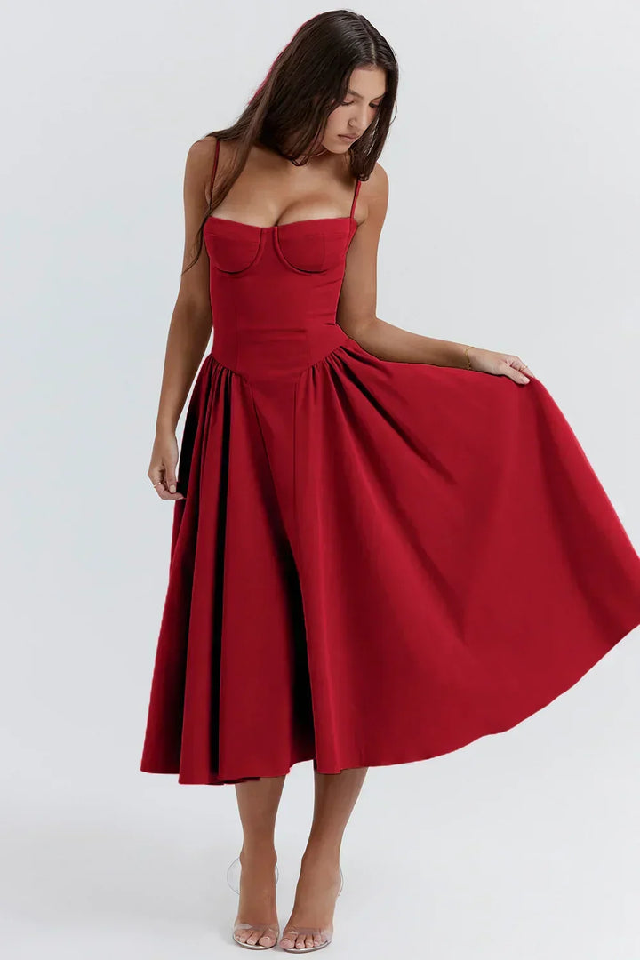 Elegant women's party dress, sleeveless with a sleek corset design and flattering midi length.